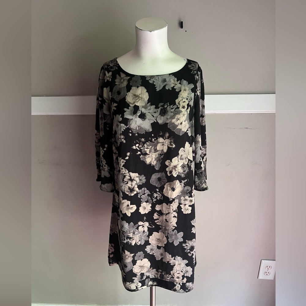 Black Floral Long-Sleeve Shift Dress with Ivory Blooms